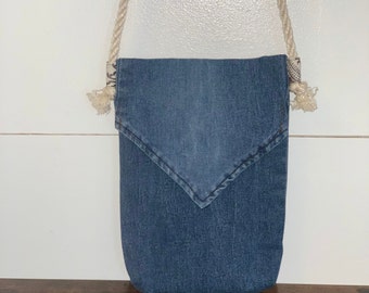 Small Denim Handbag with Rope Handle | Upcycled Jeans Purse | Handmade Boho Bag | One of a Kind Gift for Her | Recycled Denim
