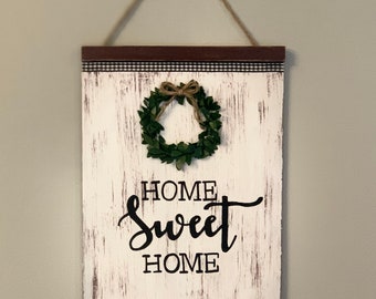 Farmhouse Wall Decor | Hand Painted "Home Sweet Home" Sign with Wreath & Ribbon