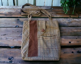 Houndstooth Shoulder Bag | Upcycled from Vintage Men's Suits | Brown Velour Boho Tote | One of a Kind Handmade Book Bag