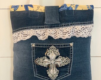 Cross Applique Denim Shoulder Bag | Christian Upcycled Jeans Purse | Handmade Faith Book Bag | Lace Detail | One of a Kind Gift