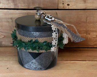 Buffalo Check Decoupaged Storage Jar | Upcycled Candle Jar | Black White Farmhouse Decor | Burlap and Tassel | One of a Kind