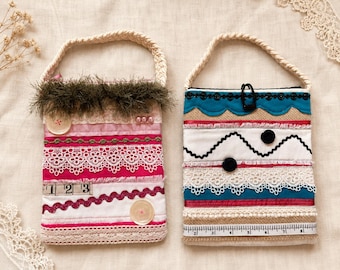 Boho Top Handle Purse | Handmade Burlap and Lace Bag | Whimsical One of a Kind Handbag | Fringe Detail | Small Fabric Purse