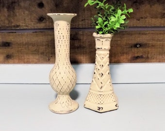 Upcycled Glass Vase Set of 2 | Beige Distressed Chalk Paint | Farmhouse Rustic Decor Pair | Handmade One of a Kind Vases