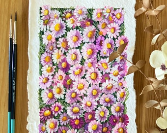 Origineel gouache-madeliefjes schilderij op handgemaakt papier