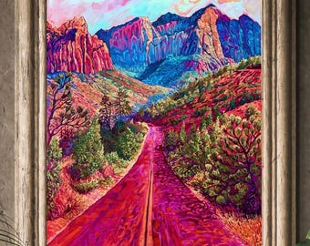 Original wertvolles Ölgemälde rote Straße Landschaft im Impressionismus und Expressionismus