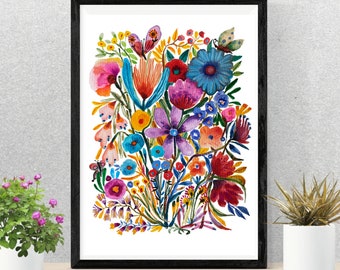 Garden Flowers original watercolor painting on textured paper