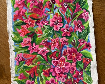 Garden flowers painting, Original gouache painting on rough paper