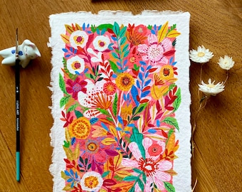 Garden flowers painting, Original gouache painting on rough paper