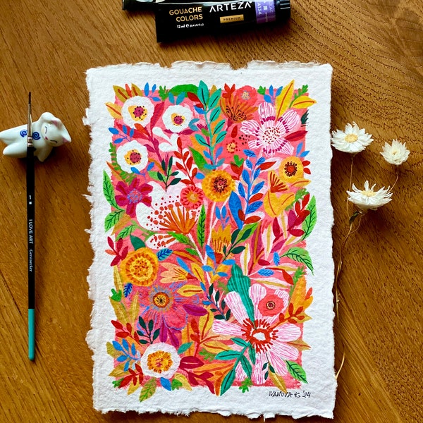 Garden flowers painting, Original gouache painting on rough paper