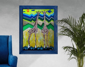 Original painting Giraffes painting in a geometric world, by Katerina Ivanova