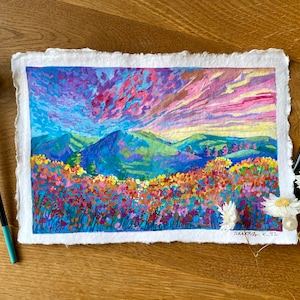 Original landscape painting, Original gouache painting on rough paper
