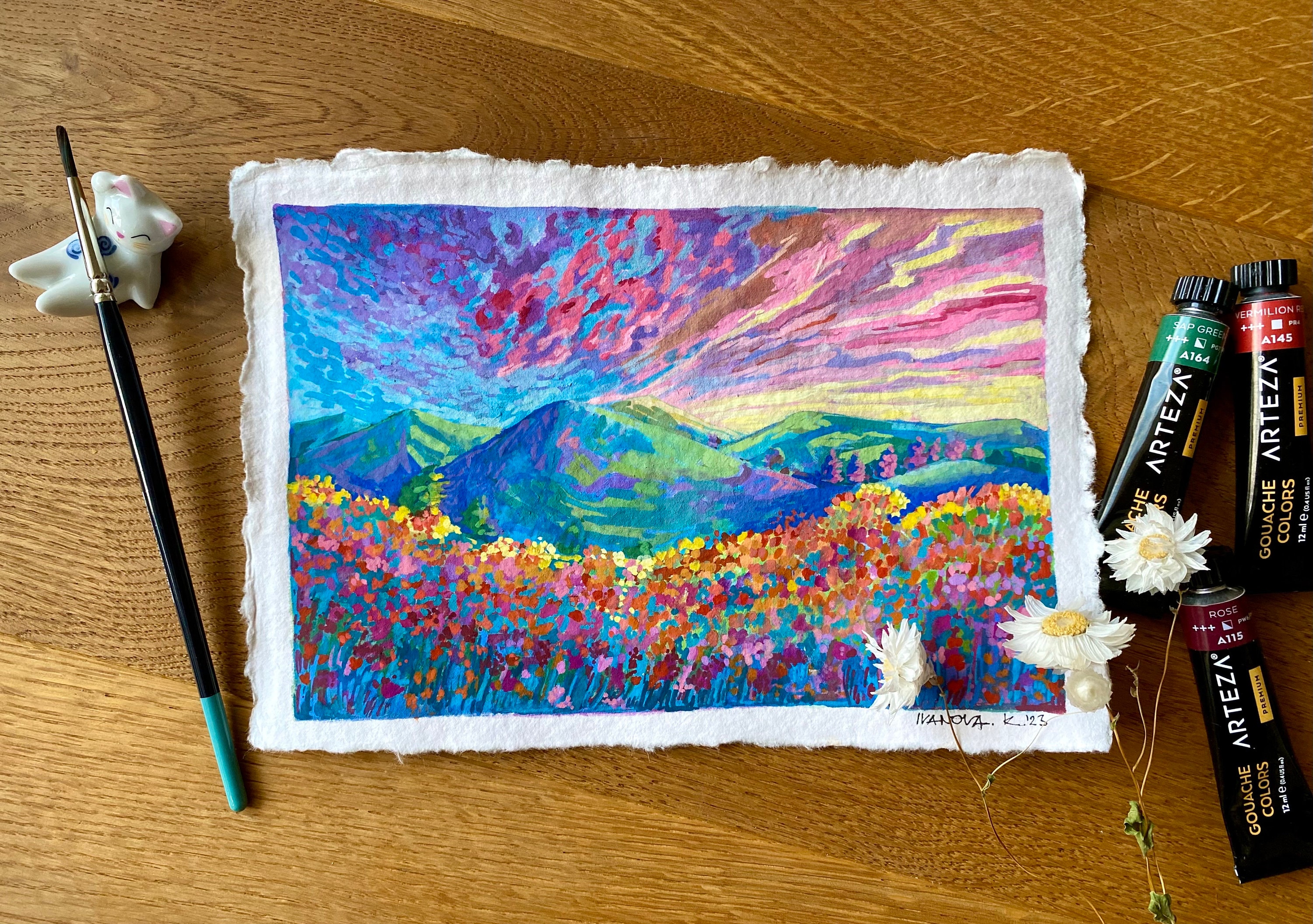 Original landscape painting, Original gouache painting on rough paper