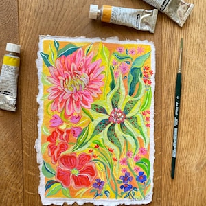 Bright flowers painting, Original gouache painting on rough paper