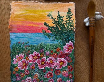 Gemälde leuchtender Blumen, Original-Gouache auf rauem Papier