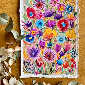 Garden flowers painting, Original gouache watercolor painting on rough paper