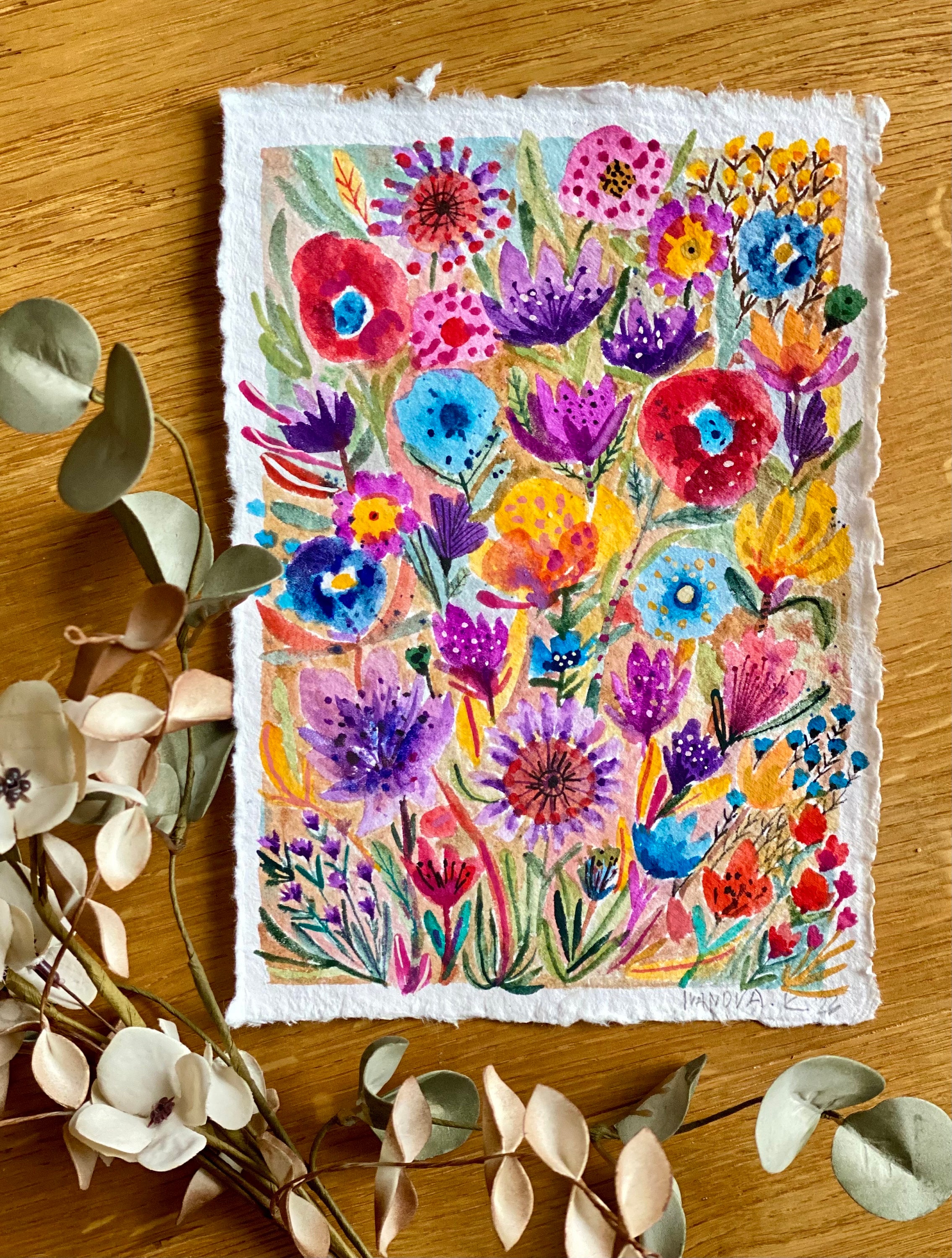 Garden flowers painting, Original gouache watercolor painting on rough paper