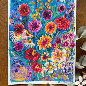 Garden flowers painting, Original watercolor flowers painting on smooth Arches paper