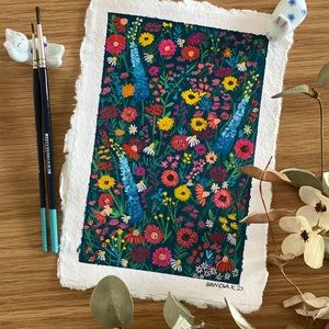 Dipinto di fiori da giardino, Dipinto originale di fiori a guazzo su carta grezza