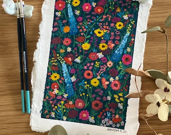 Pittura di fiori da giardino, pittura di fiori a guazzo originale su carta ruvida