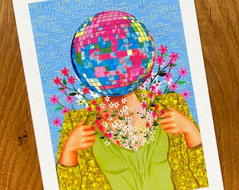Impressão artística de bola de discoteca: ilustração de amante da música por KKArts