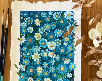 Pittura di fiori da giardino, pittura di fiori a guazzo originale su carta ruvida