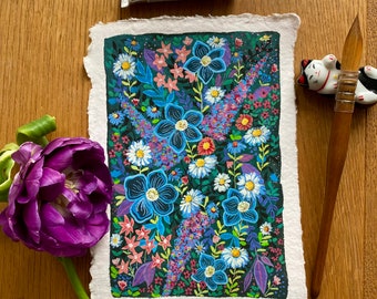 Garden flowers painting, Original gouache painting on rough paper
