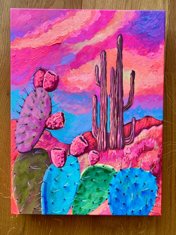 Original Kaktus Gemlde: Pulsierende Wstenlandschaft, Acryl auf Leinwand -  Etsy sterreich