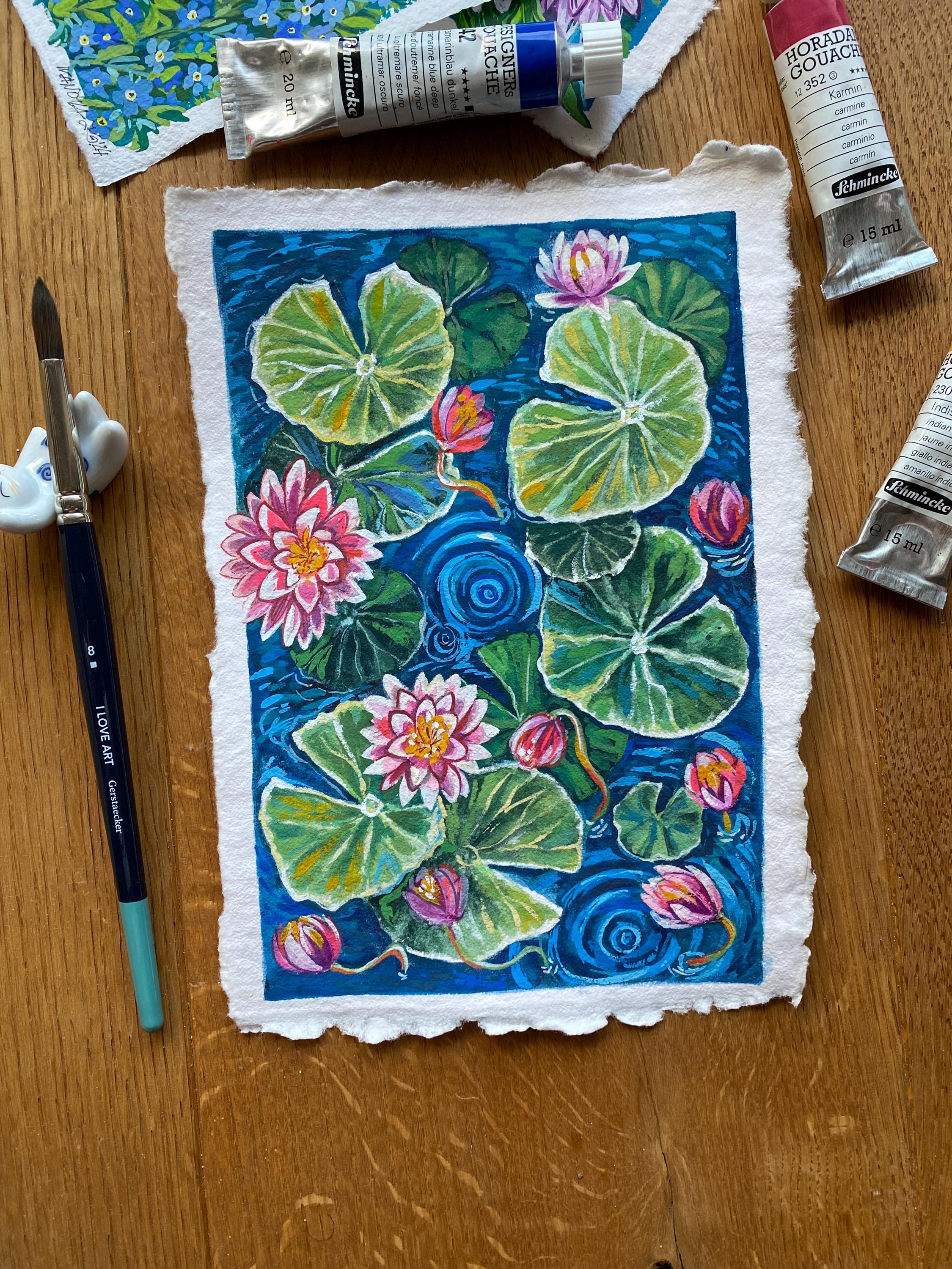 Pintura de nenúfares, Pintura original em aquarela guache sobre papel áspero