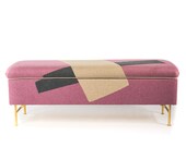 Creatively upholstered hallway bench with brass legs. Can be customised in 55 colours