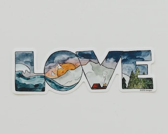 May include: A sticker with the word "LOVE" in a watercolor style. The letters are filled with nature scenes: ocean waves, a sunset over mountains, a campfire, and pine trees. The sticker has a white border.