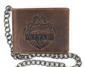 RFID Leather Biker Wallet RACING with Chain used look Vintage Style brown unisex