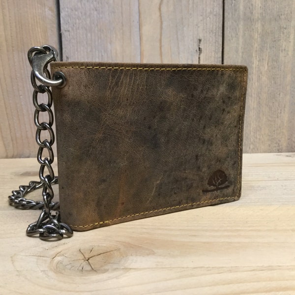 Leather Biker Wallet with Chain RFID Protection unisex Vintage Leather saddle brown used look