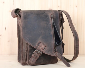 Kleine Leder Umhängetasche Damen Herren Schultertasche Vintage-Design Hochformat dunkel antikbraun used look