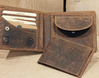 Men's Leather wallet RFID Protection landscape format with removable case brown in vintage design used look