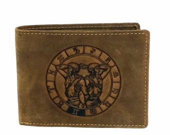 Leather Wallet used look unisex Stamping sign of the zodiac Gemini vintage style saddle brown used look