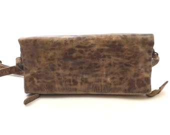 Small leather shoulder bag foldable to Clutch stone washed buffalo leather extremely waxed used look in colour dust