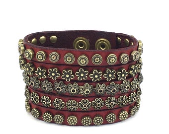 Campomaggi breites Leder Armband für Damen mit floralen Nieten in mosto used look C010700ND X1858 C4004