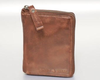 Leather Wallet for Men and Women with Zipper cognac used look