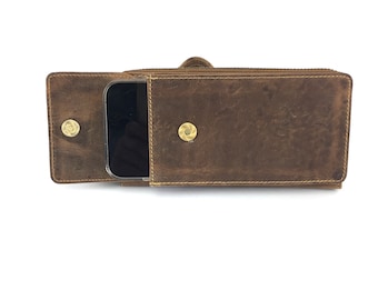 Leather Cellphone Bag Shoulder Bag RFID Wallet many Card Slots saddel brown used look