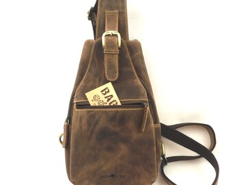 Leder Crossbody Tasche Eingurt Rucksack Schultertasche unisex Reißverschlussfächer Vintage Design braun used look