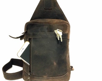 Leder Crossbody Tasche Eingurt Rucksack Umhängetasche unisex Vintage Design braun used look