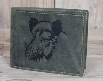 Men's Wallet Leather purse Wild Boar in Vintage Design olive green