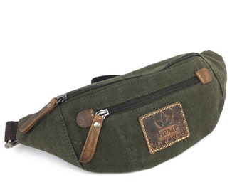 Hip Bag Crossbody Bag Hemp Leather environmentally friendly olive brown Vintage Style used look