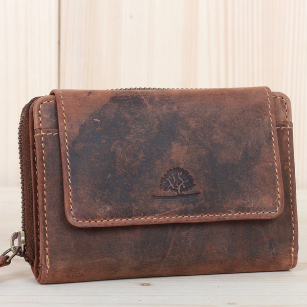 Women's Wallet RFID-Protection Leather Purse, many card slots, separate coin pocket with zip in vintage design saddle brown used look