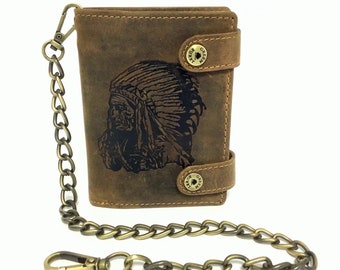 Leather Biker Wallet INDIAN with Chain used look Vintage Style saddle brown unisex