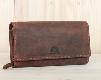 Long Leather Wallet for Women with RFID Protection Vintage Style saddle brown