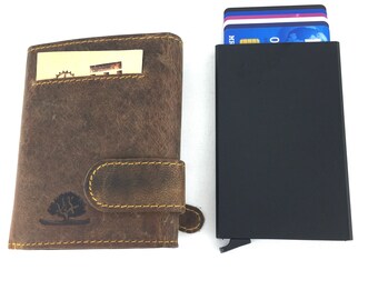 Leather wallet with sliding alucase RFID protection brown - used look