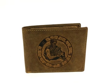 Leather Wallet used look unisex Stamping sign of the zodiac Aquariusin vintage style saddle brown used look