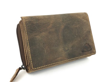 Women's Wallet RFID-Protection Leather Purse separate Coin Pocket with zipper in vintage style saddle brown used look