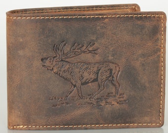 Portefeuille en cuir pour hommes avec gaufrage de cerf au format paysage design vintage marron